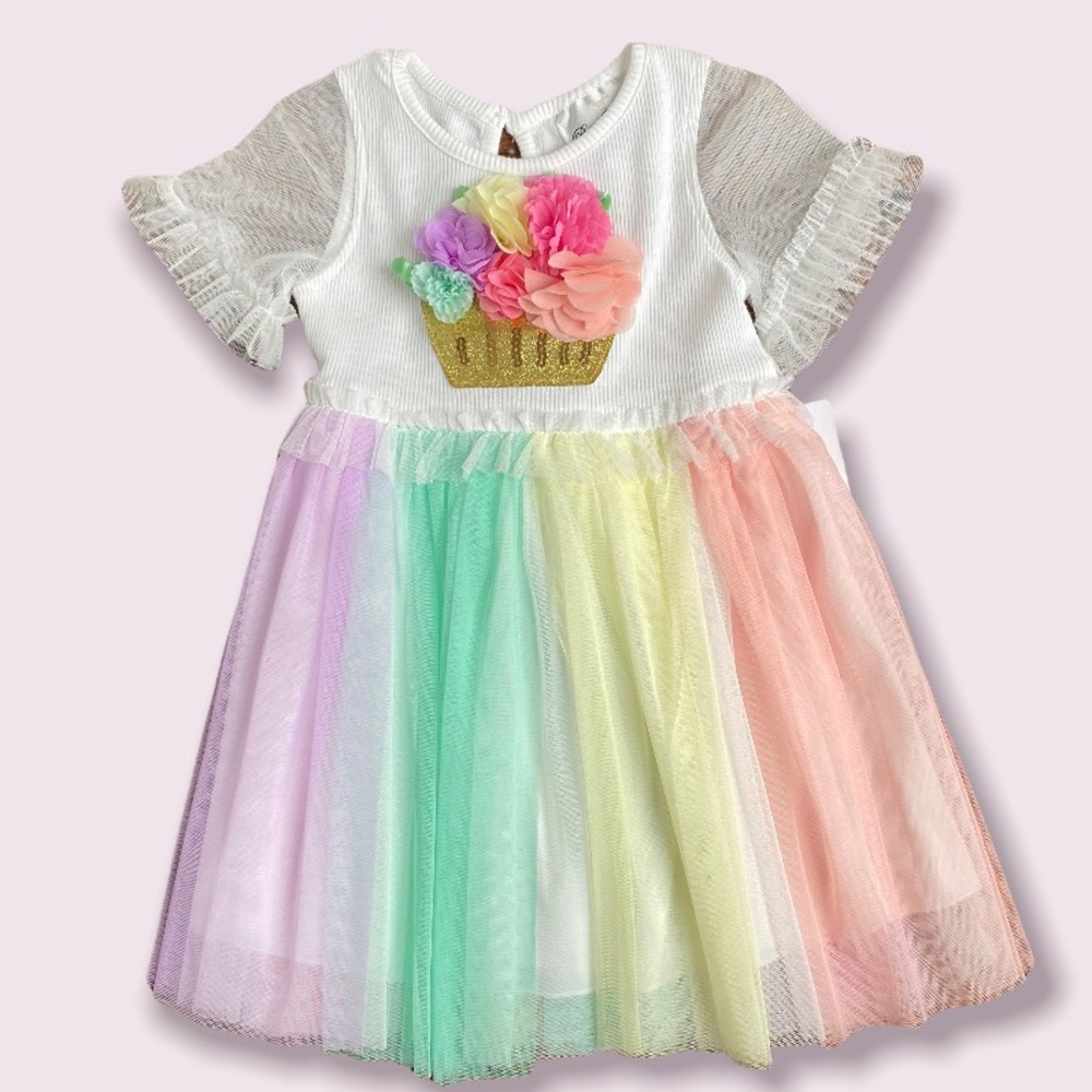 RARE EDITIONS Ruffled Sleeve/Mesh Skirt Dress with Floral Embellishment Size: 2T